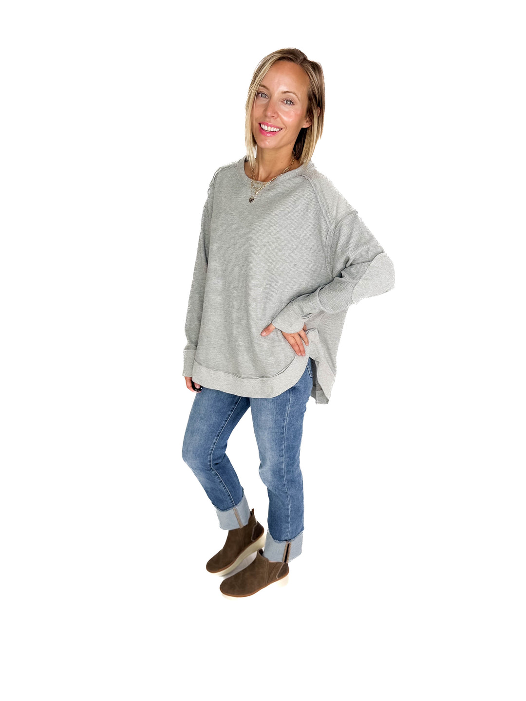 Jenna Long Sleeve Waffle Pullover-HTHR GREY