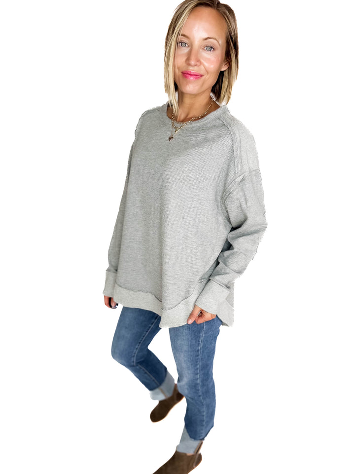Jenna Long Sleeve Waffle Pullover-HTHR GREY