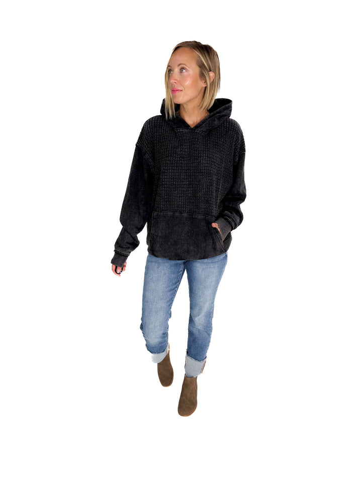 MONO B Chestnut Waffle Hoodie- BLACK
