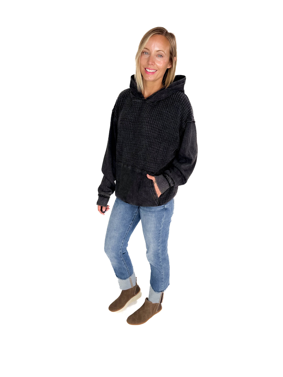 MONO B Chestnut Waffle Hoodie- BLACK