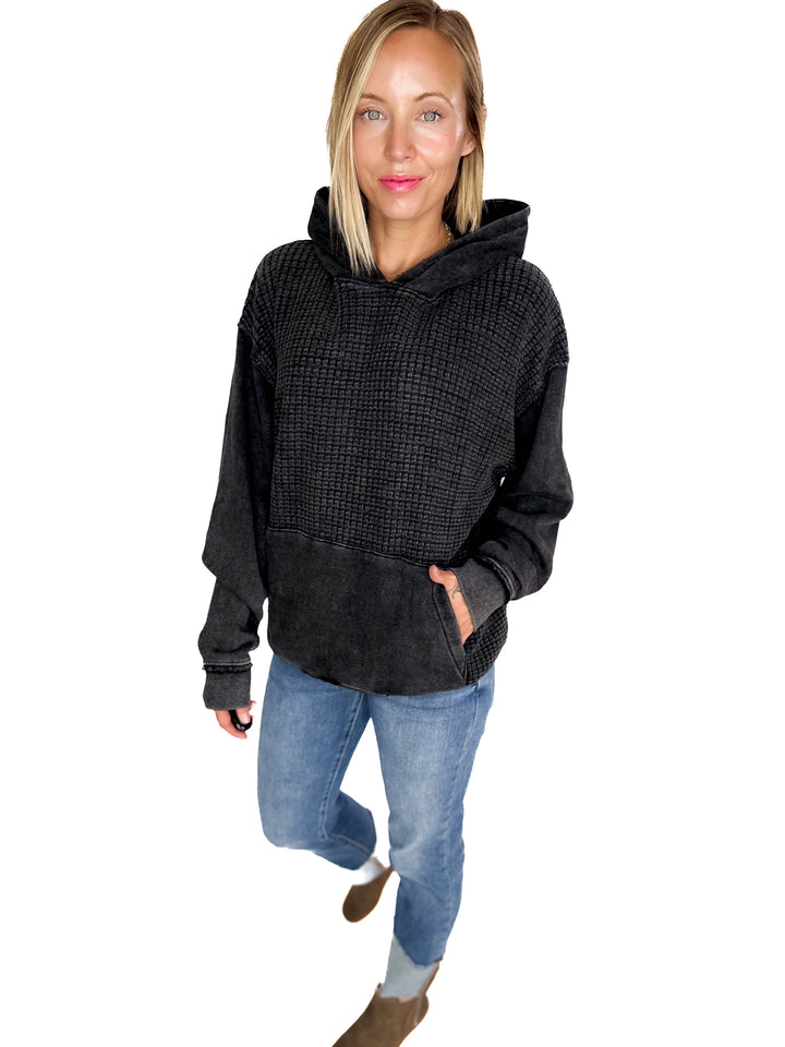 MONO B Chestnut Waffle Hoodie- BLACK