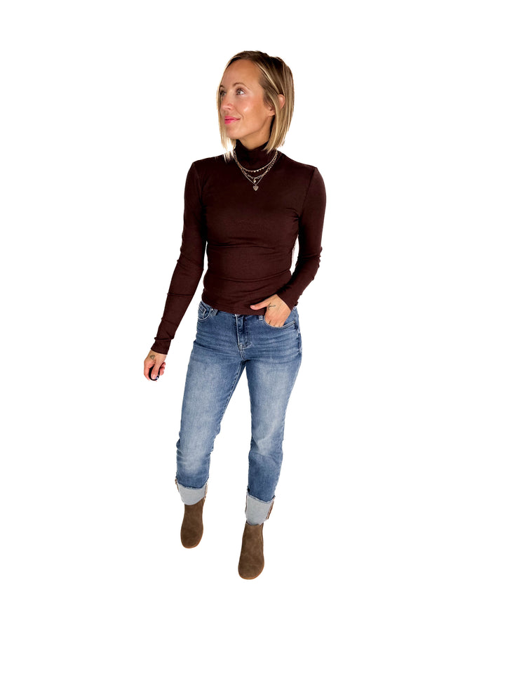 MONO B Linley Ribbed Mock Neck- ESPRESSO