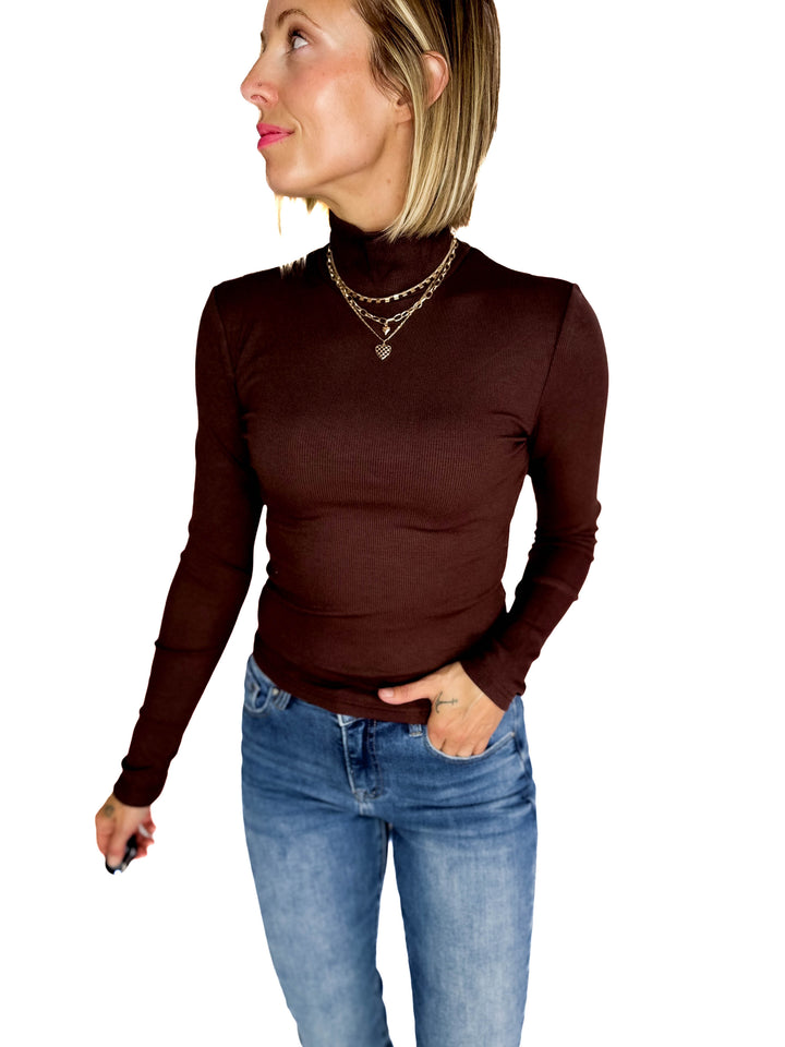 MONO B Linley Ribbed Mock Neck- ESPRESSO