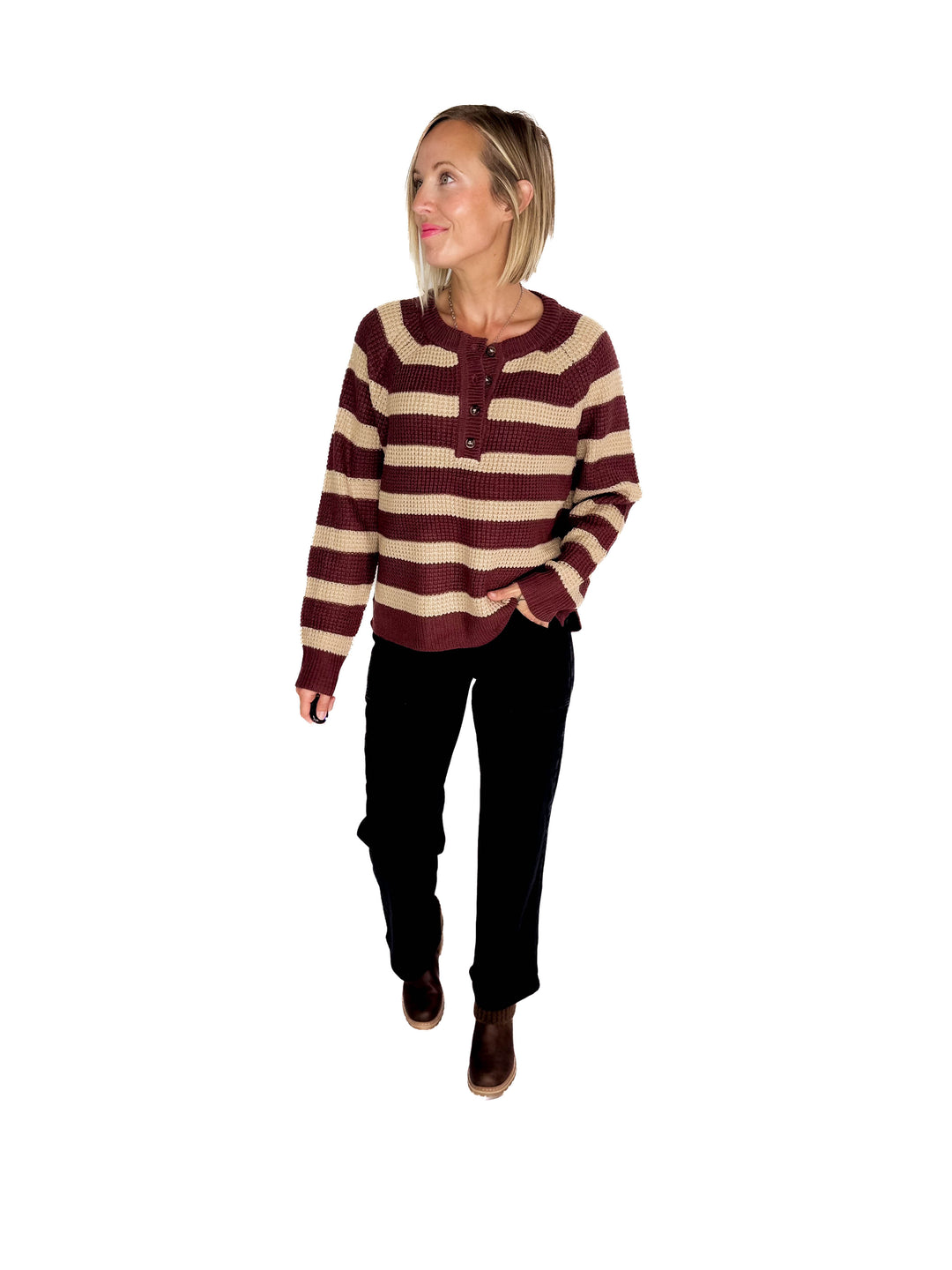 Golden Hour Waffle Henley Sweater- WINE