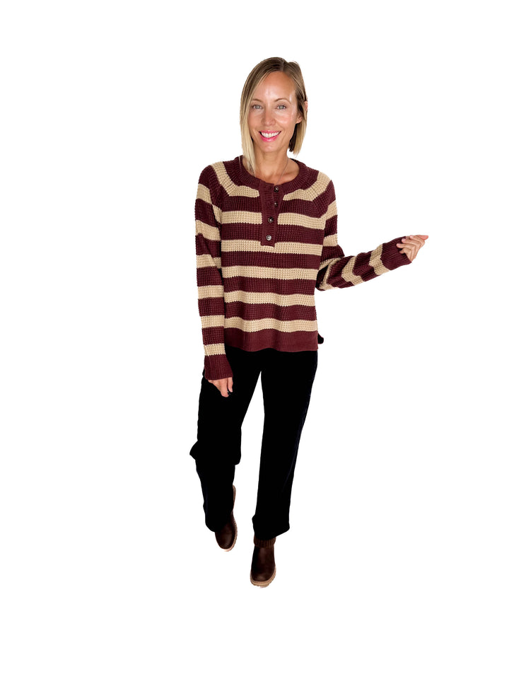 Golden Hour Waffle Henley Sweater- WINE