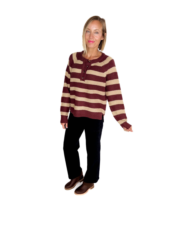 Golden Hour Waffle Henley Sweater- WINE
