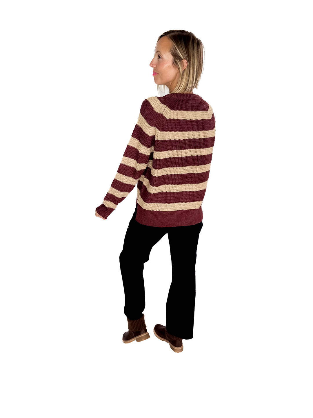 Golden Hour Waffle Henley Sweater- WINE