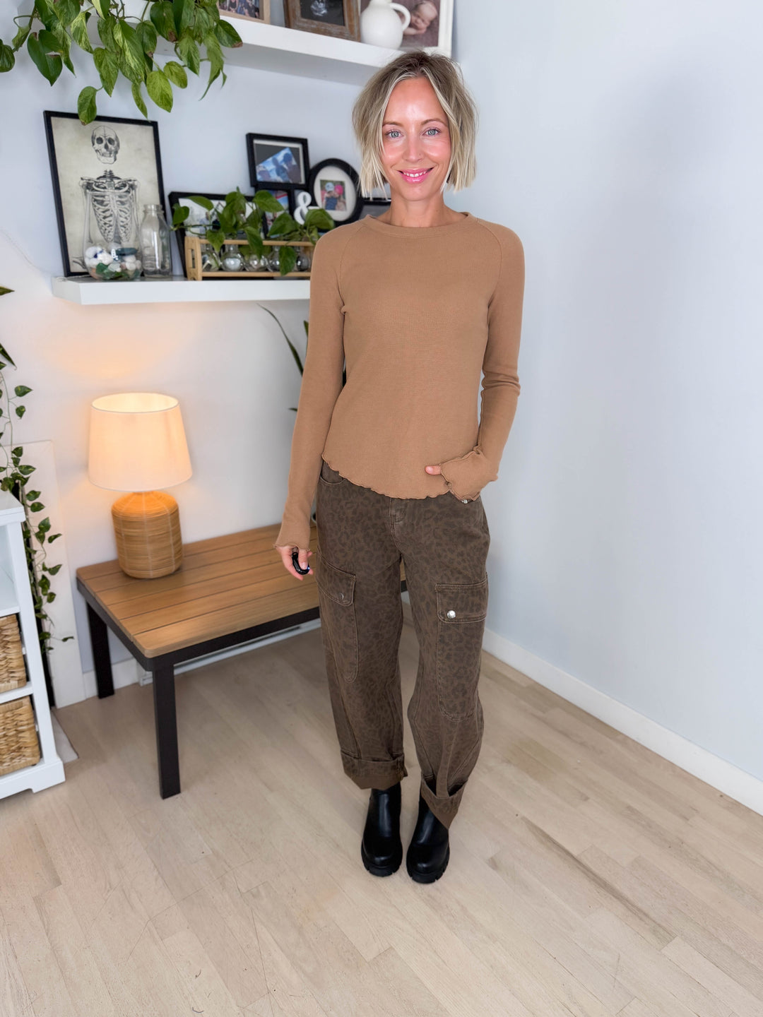 Harrison Thermal Knit Lettuce Edge Long Sleeve- WHEAT