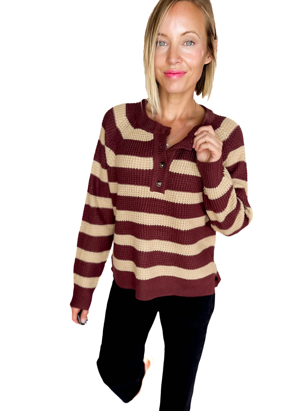 Golden Hour Waffle Henley Sweater- WINE