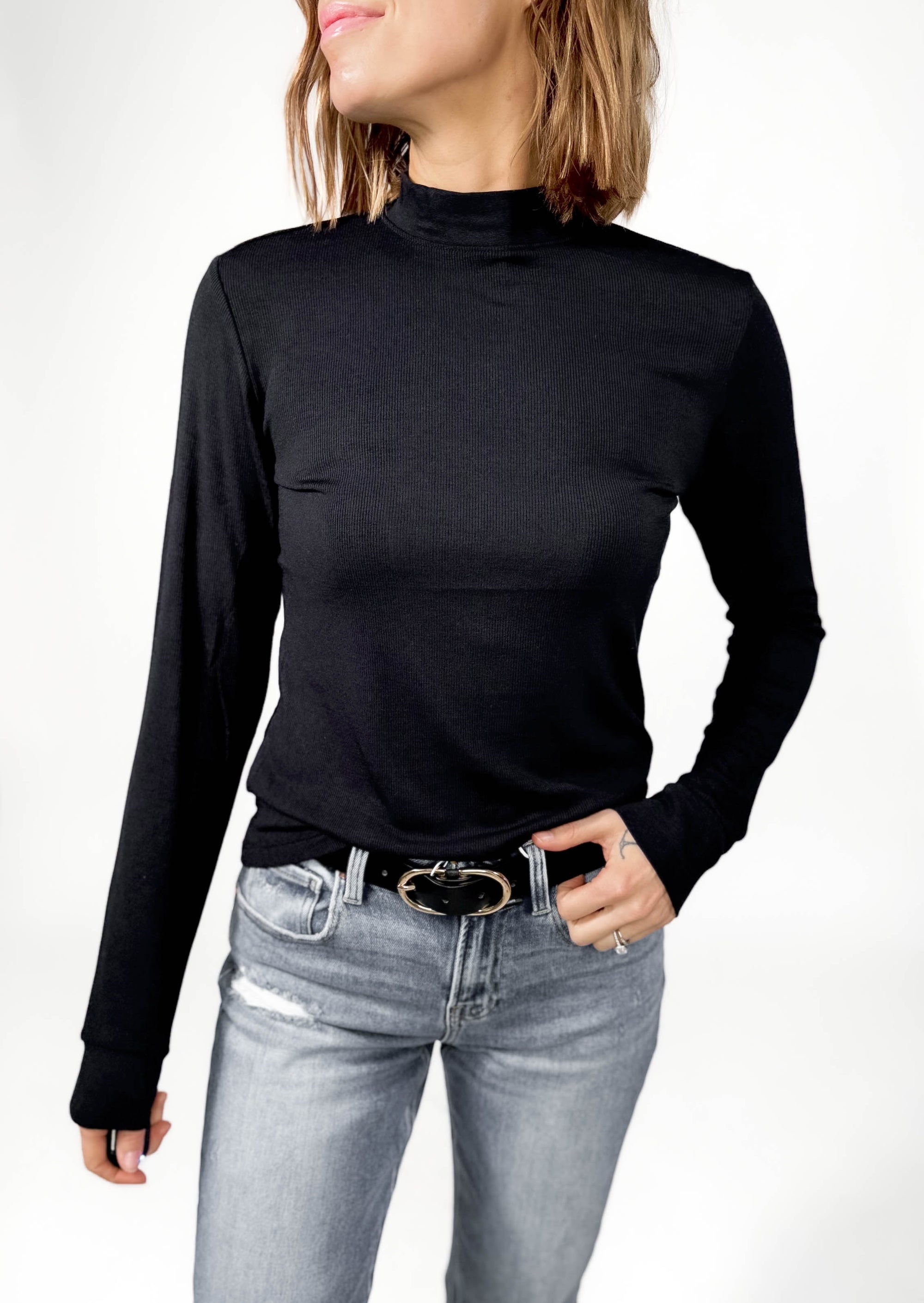 THREAD & SUPPLY Liz Mock Neck Long Sleeve- BLACK