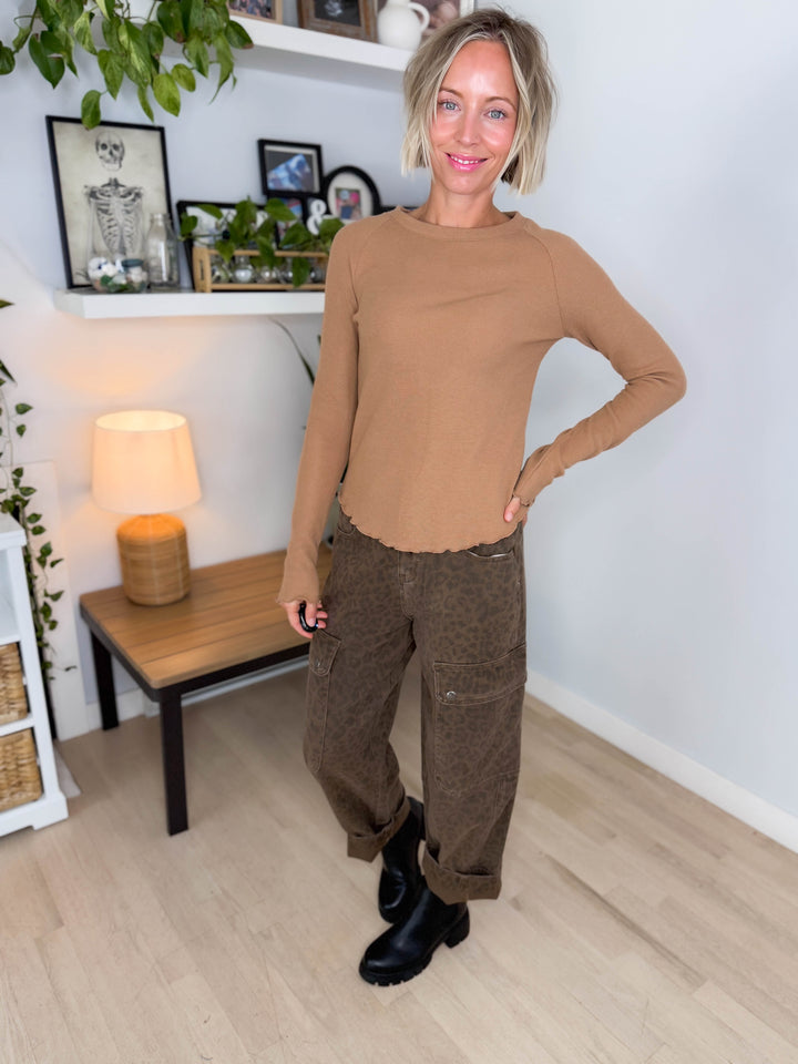 Harrison Thermal Knit Lettuce Edge Long Sleeve- WHEAT