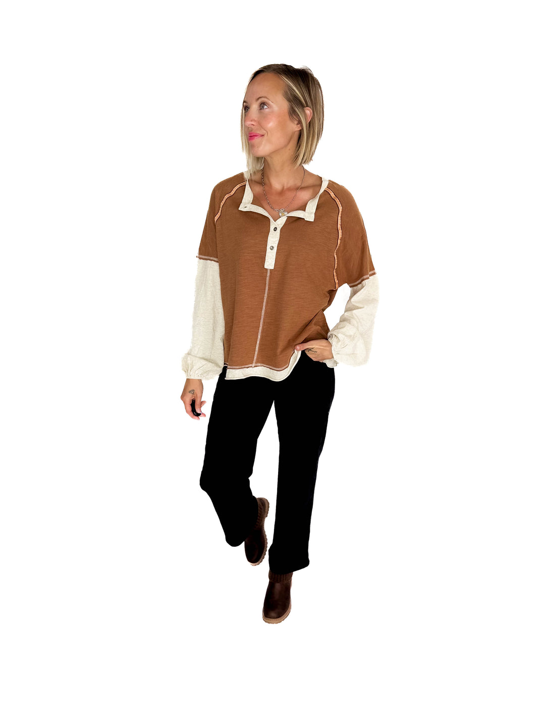 Calloway Mineral Wash Henley- MOCHA MIX
