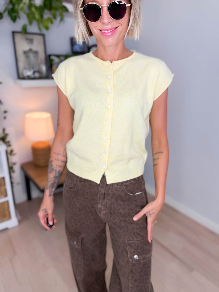 Tawny Sleeveless Button Up Cardigan- BUTTER YELLOW