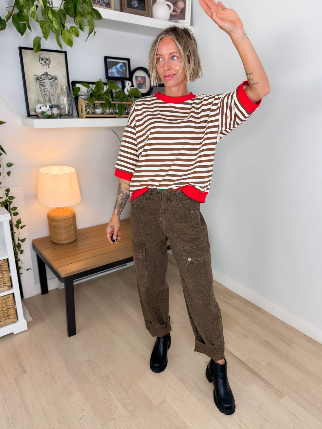 Bramble Colour Block Stripe Short Sleeve Pullover- BROWN MULTI