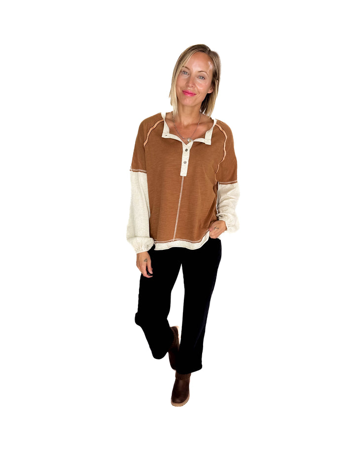 Calloway Mineral Wash Henley- MOCHA MIX