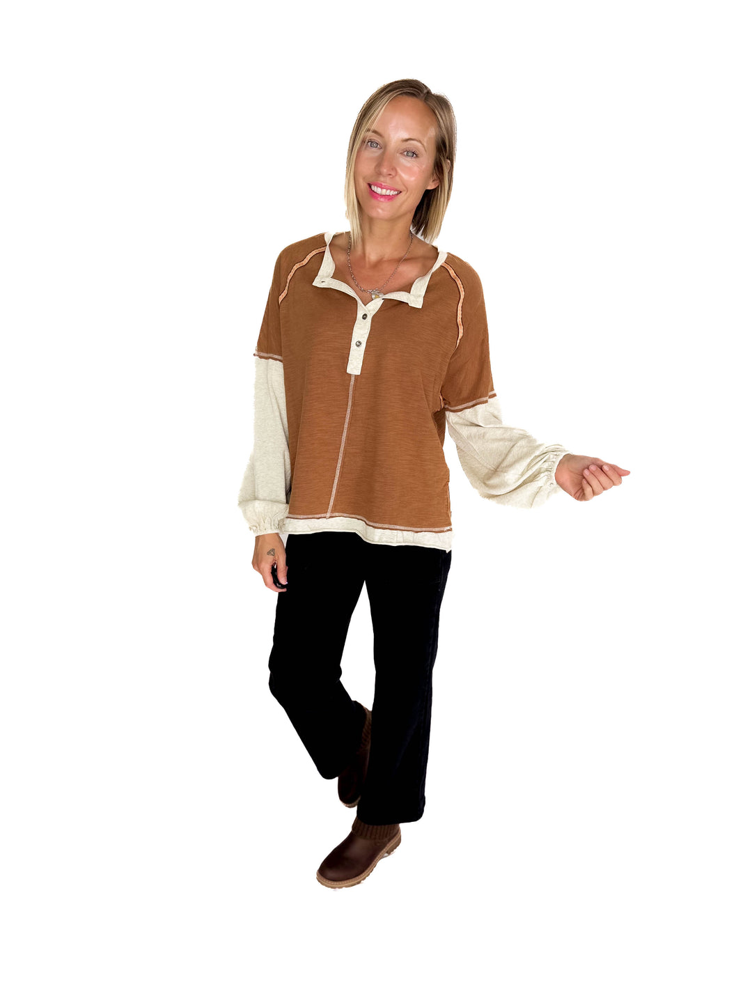 Calloway Mineral Wash Henley- MOCHA MIX