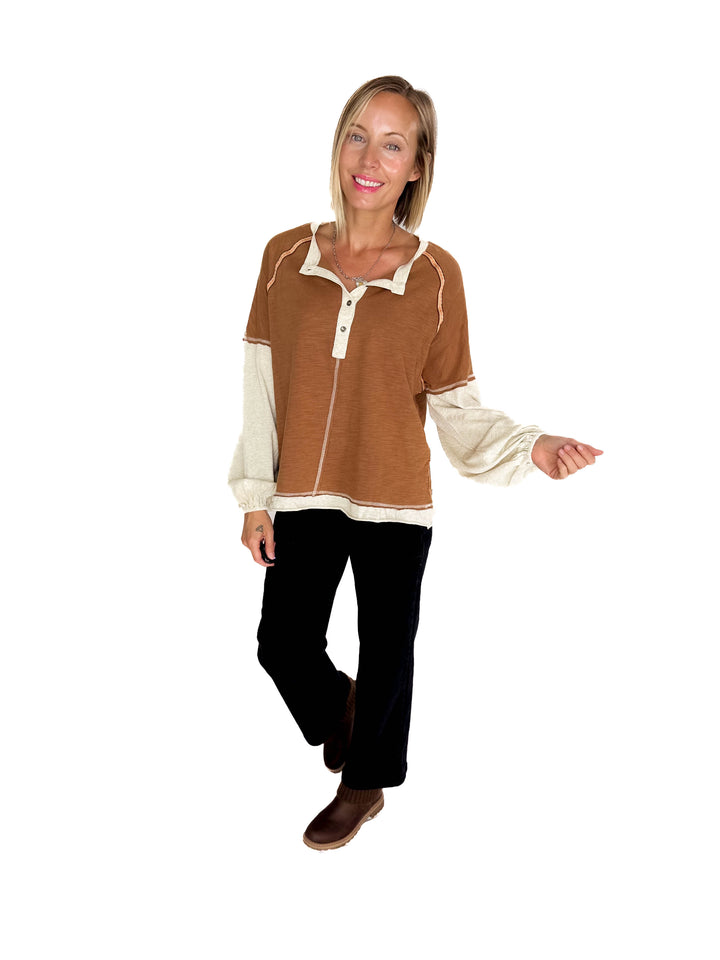 Calloway Mineral Wash Henley- MOCHA MIX