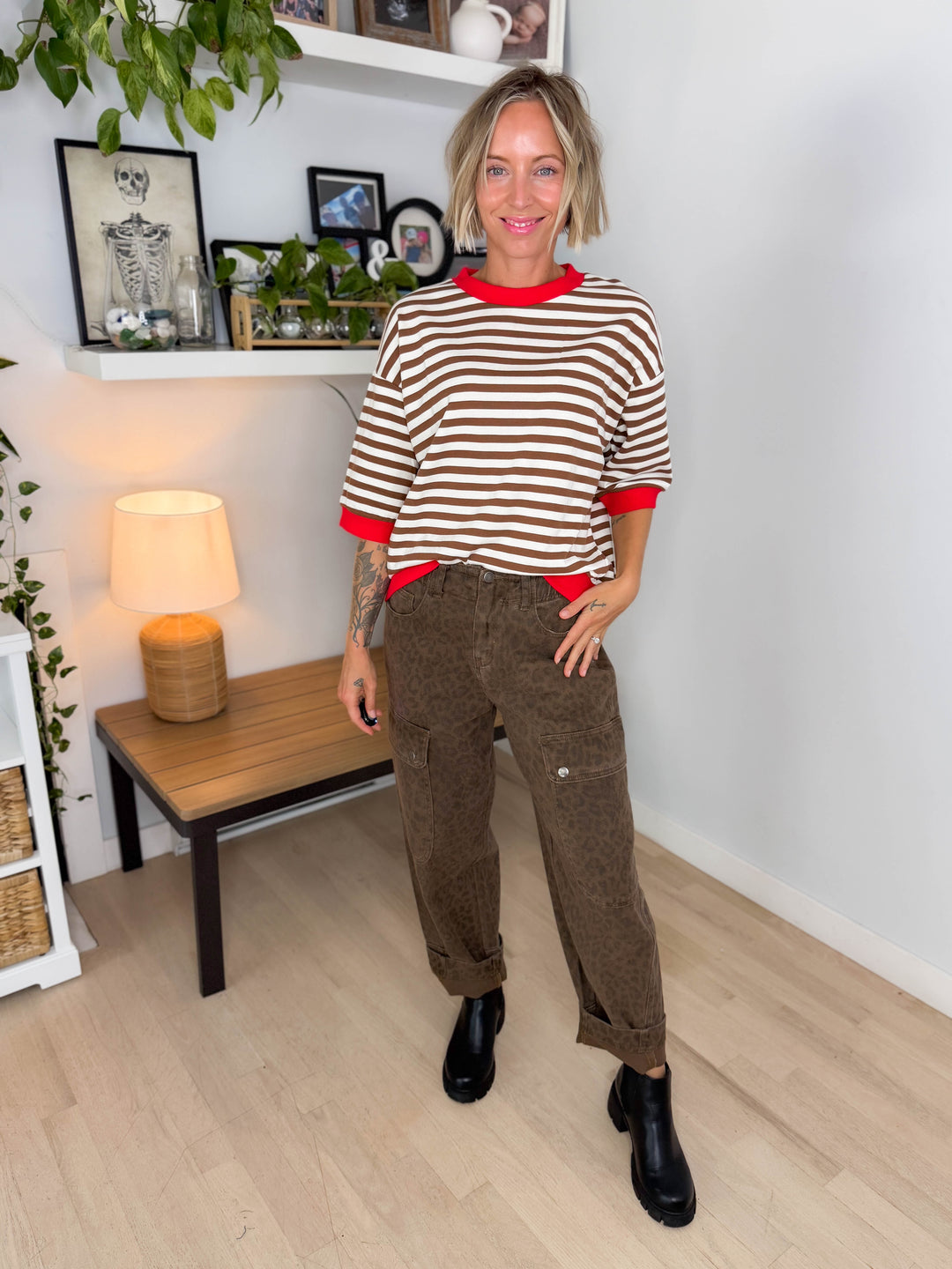 Bramble Colour Block Stripe Short Sleeve Pullover- BROWN MULTI