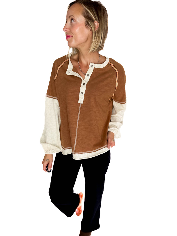 Calloway Mineral Wash Henley- MOCHA MIX