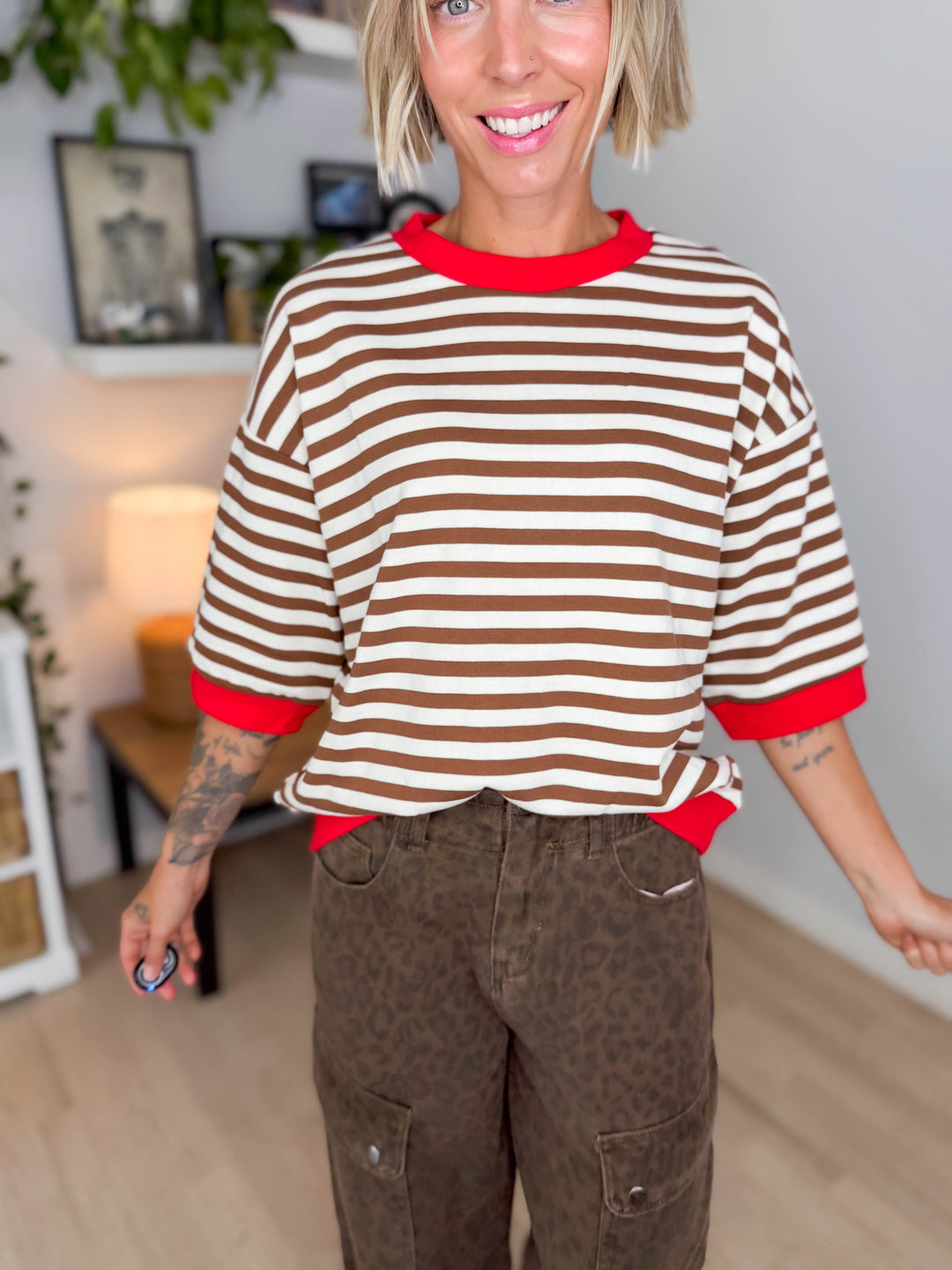 Bramble Colour Block Stripe Short Sleeve Pullover- BROWN MULTI