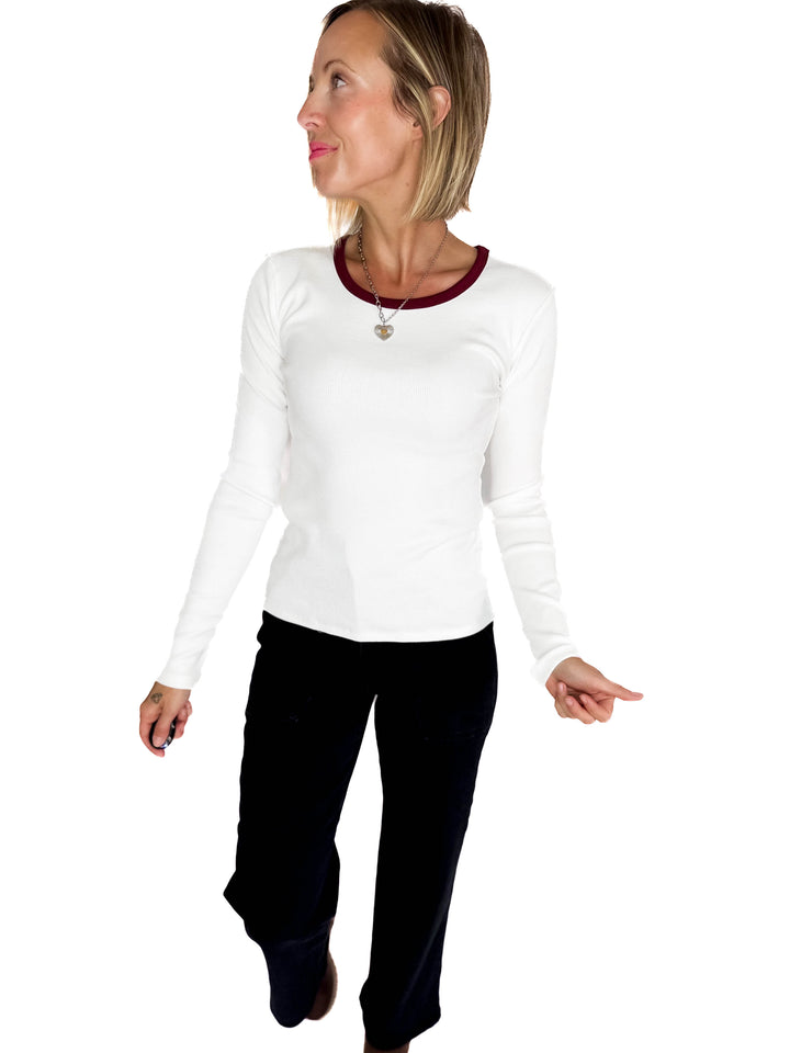 ONLY Organic Cotton Ribbed Maye Long Sleeve- WHITE/PORT