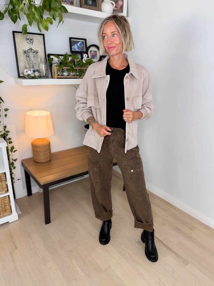 Ryanne Washed Fleece Shacket- MOCHA