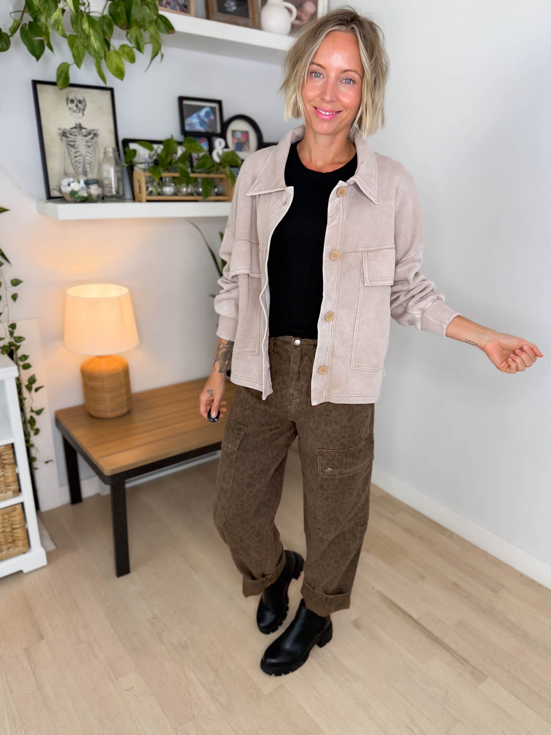 Ryanne Washed Fleece Shacket- MOCHA