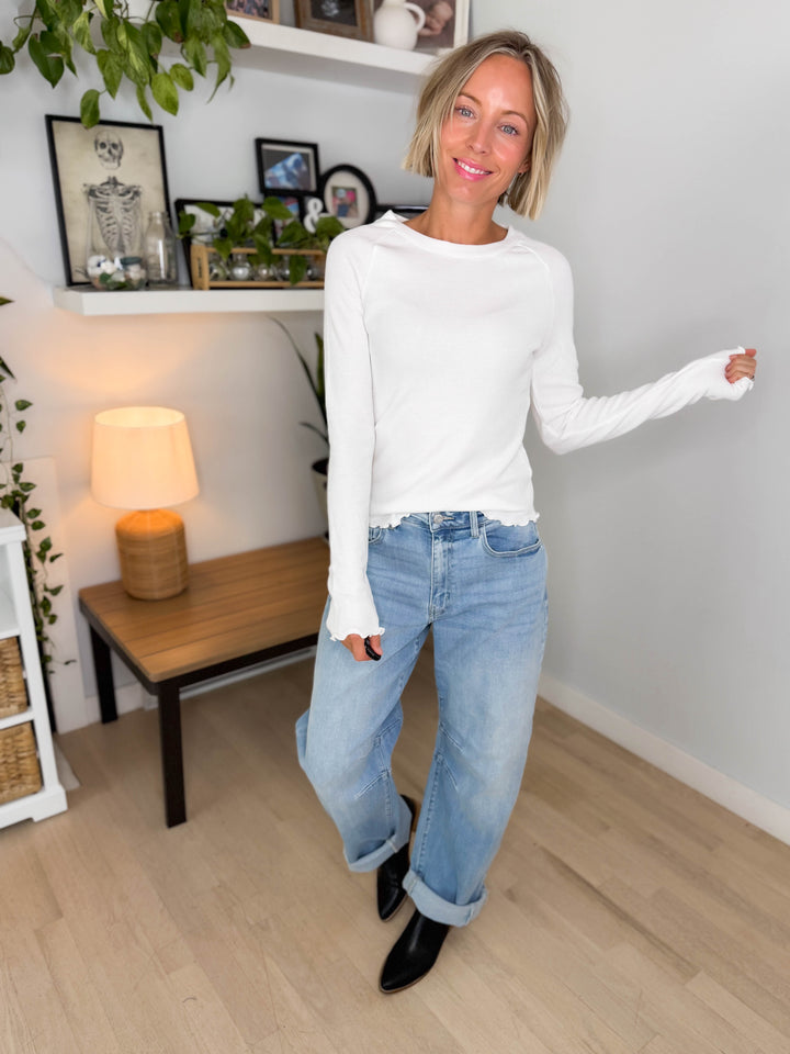 Harrison Thermal Knit Lettuce Edge Long Sleeve- WHITE