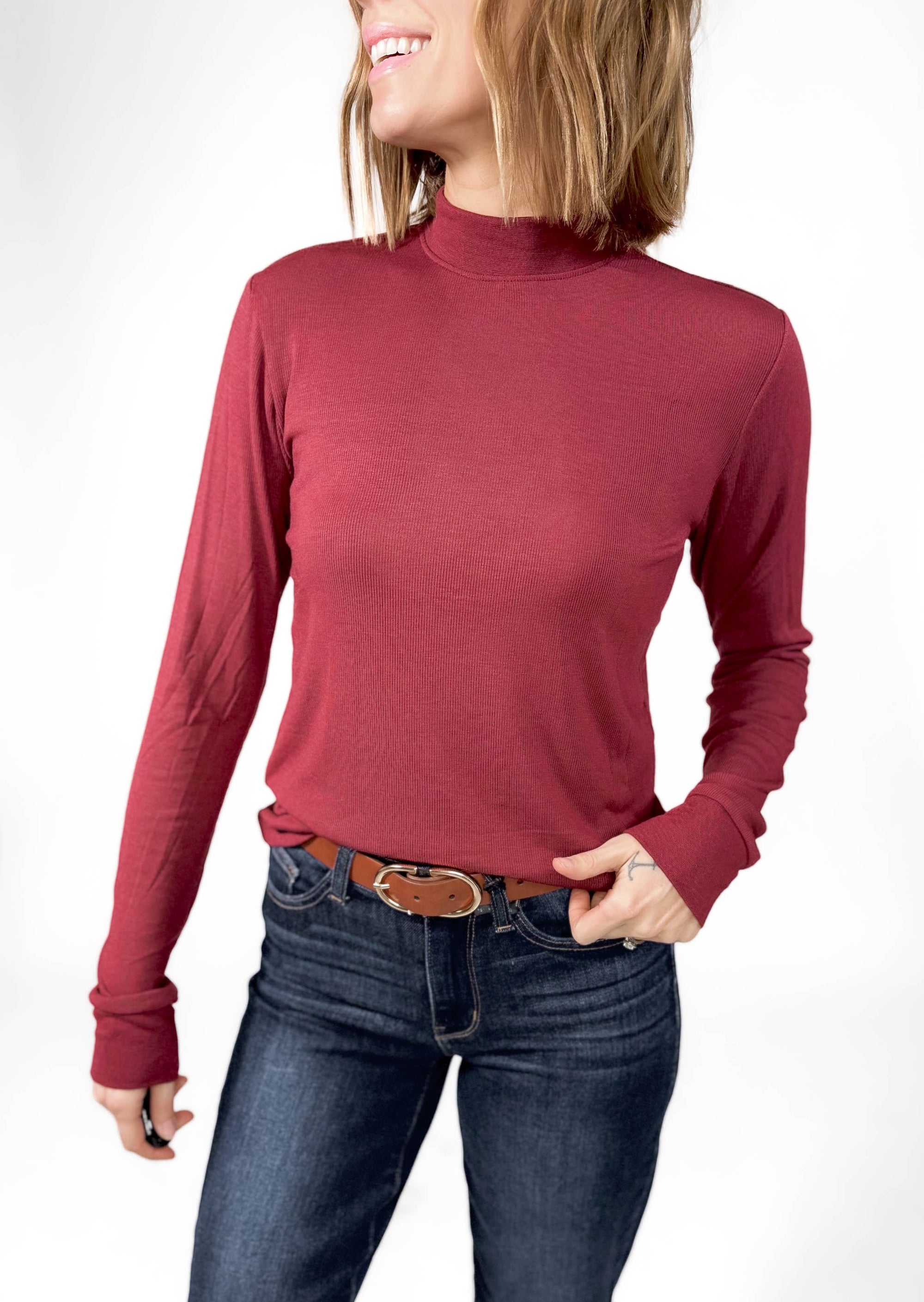 THREAD & SUPPLY Liz Mock Neck Long Sleeve- MAROON