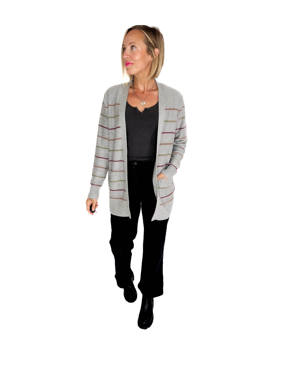 Oakes Stripe Cardigan- HTHR GREY