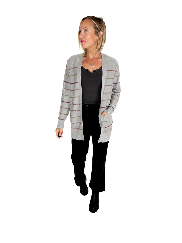 Oakes Stripe Cardigan- HTHR GREY