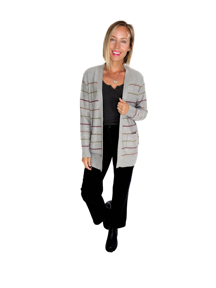 Oakes Stripe Cardigan- HTHR GREY