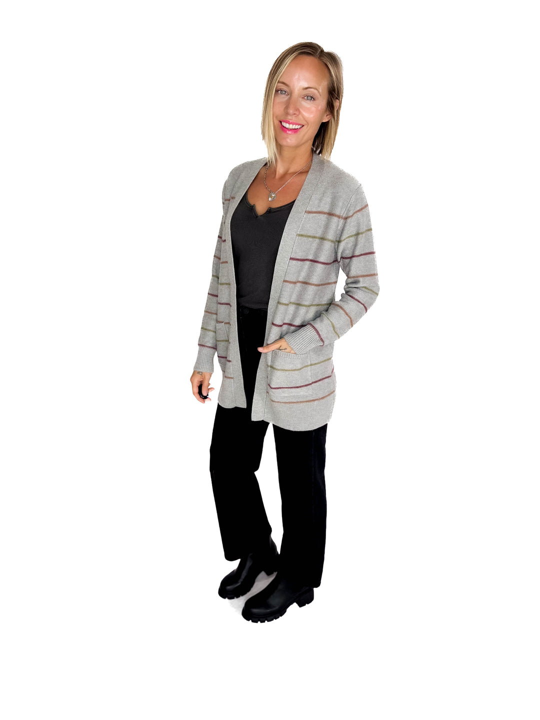 Oakes Stripe Cardigan- HTHR GREY