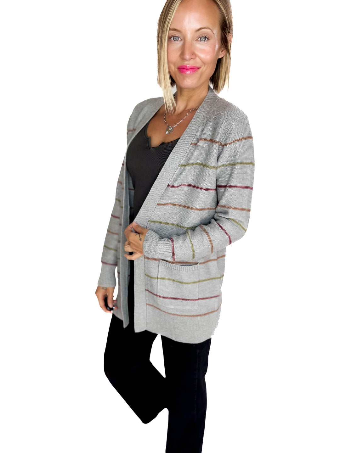 Oakes Stripe Cardigan- HTHR GREY
