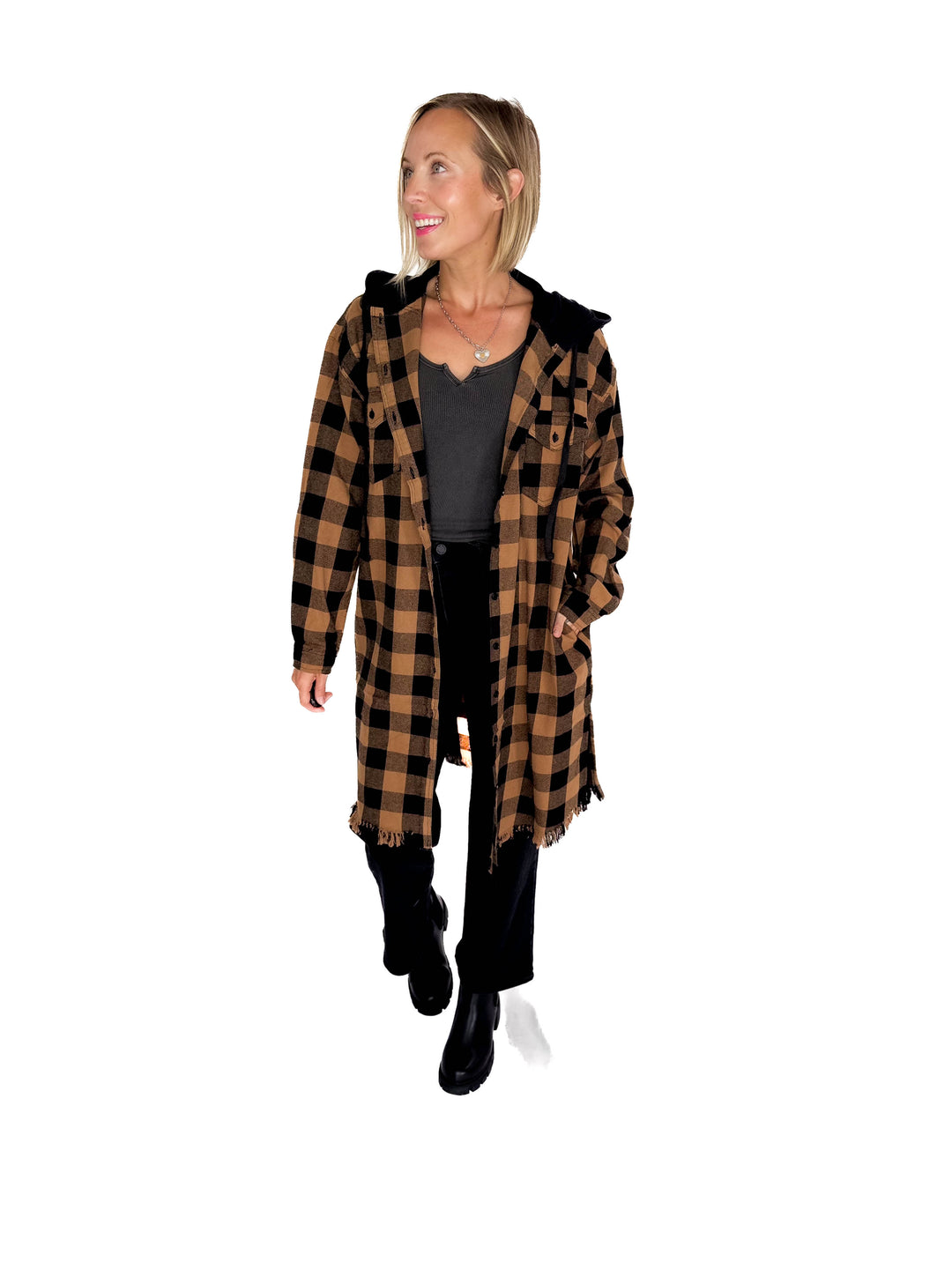 Falling Leaves Plaid Hoodie Jacket- CAMEL SAND