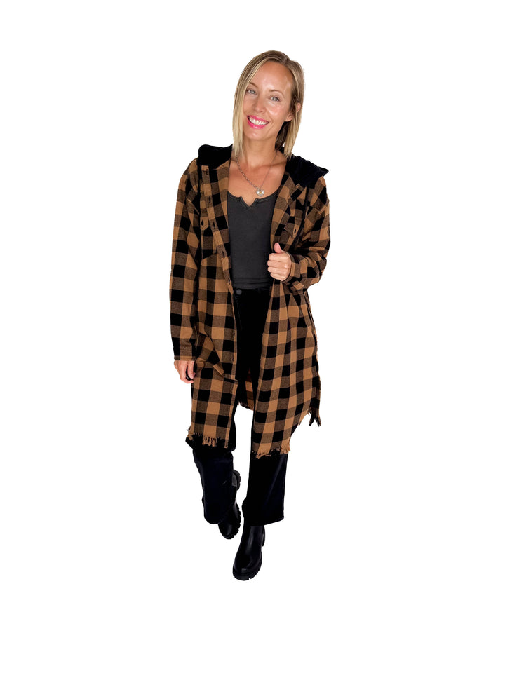 Falling Leaves Plaid Hoodie Jacket- CAMEL SAND