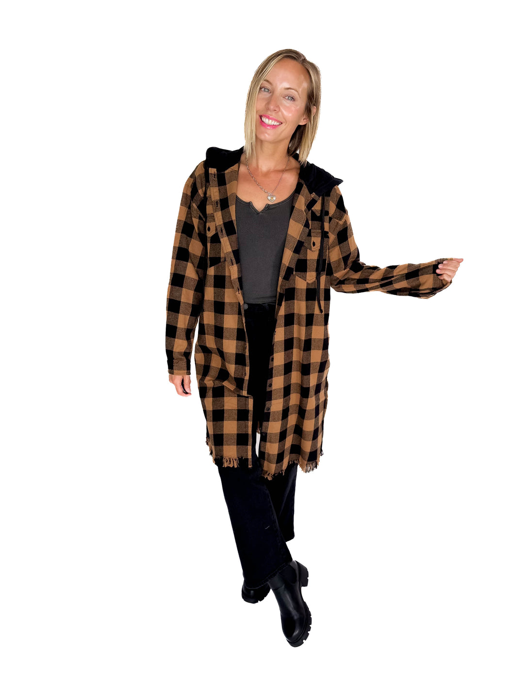 Falling Leaves Plaid Hoodie Jacket- CAMEL SAND