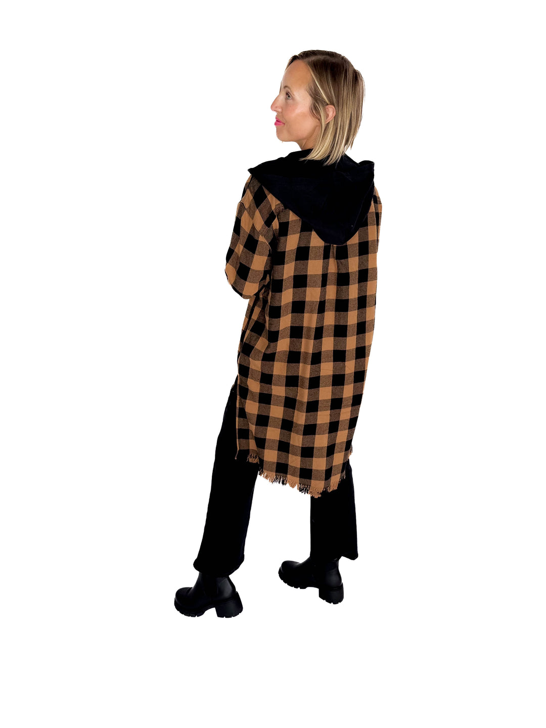Falling Leaves Plaid Hoodie Jacket- CAMEL SAND