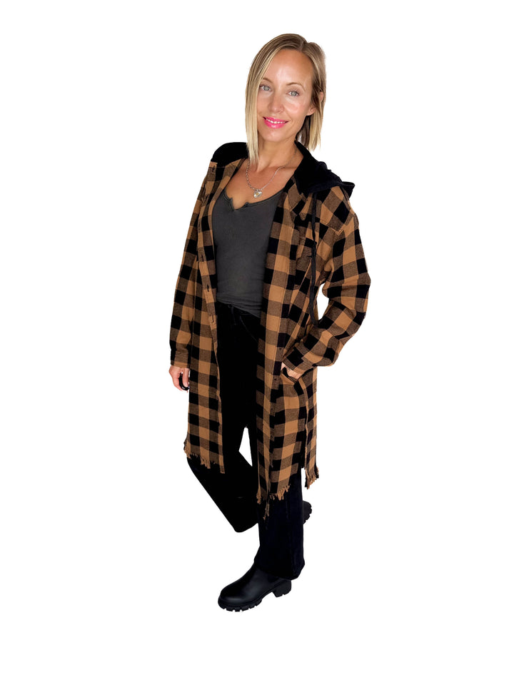 Falling Leaves Plaid Hoodie Jacket- CAMEL SAND