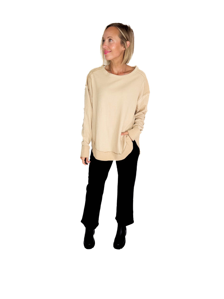Jenna Long Sleeve Waffle Pullover- MOCHA