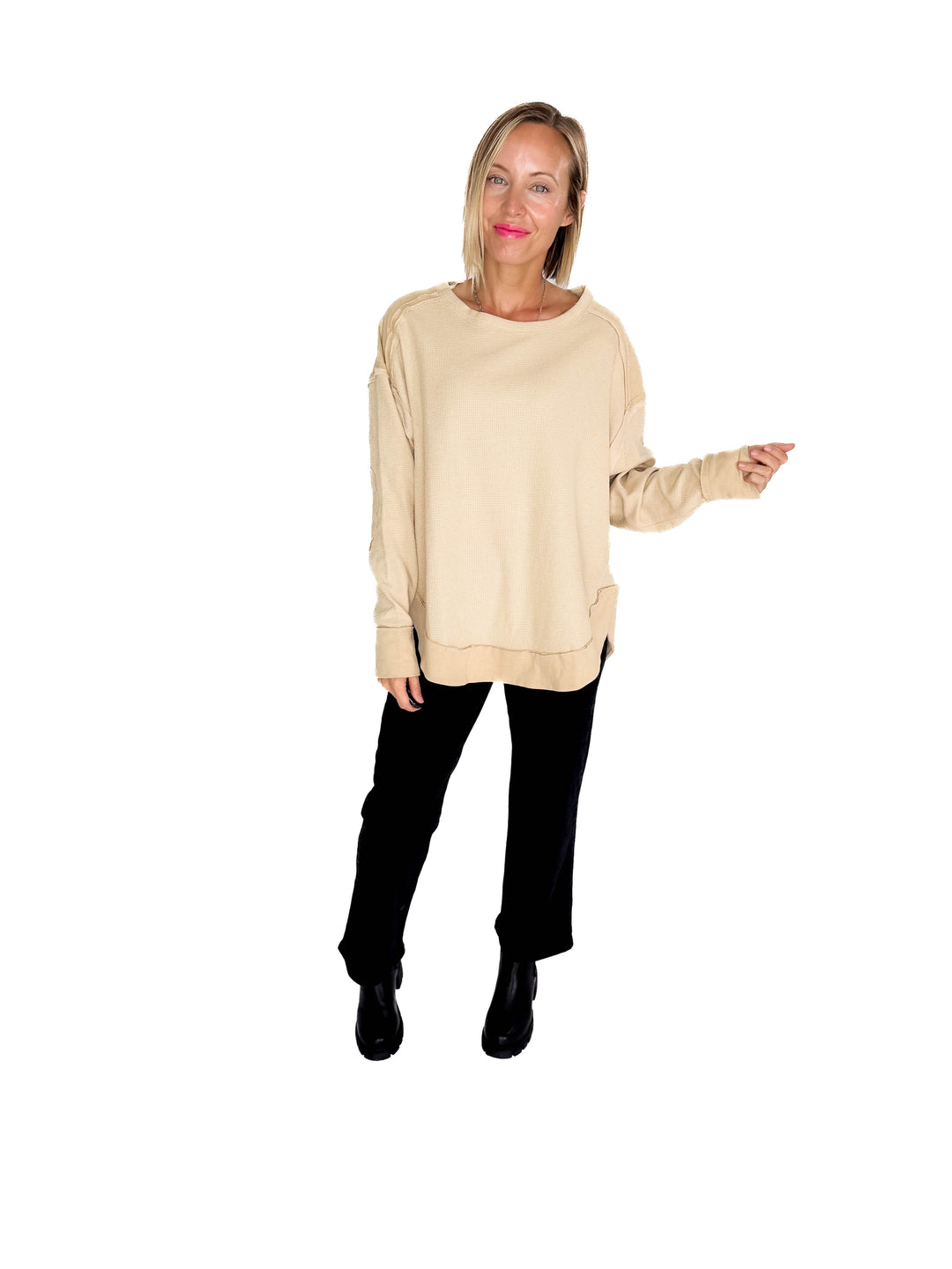 Jenna Long Sleeve Waffle Pullover- MOCHA