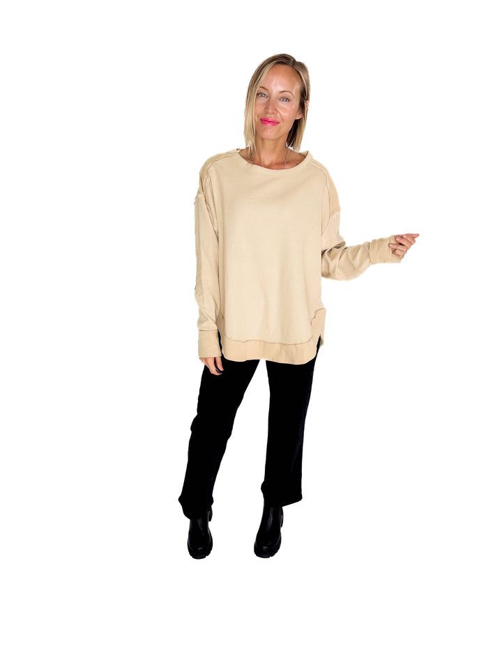 Jenna Long Sleeve Waffle Pullover- MOCHA