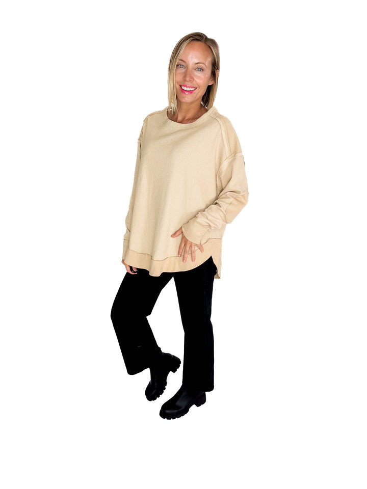 Jenna Long Sleeve Waffle Pullover- MOCHA