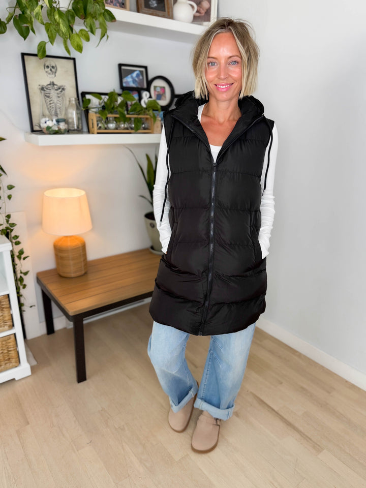 Everest Hooded Puffer Vest- BLACK