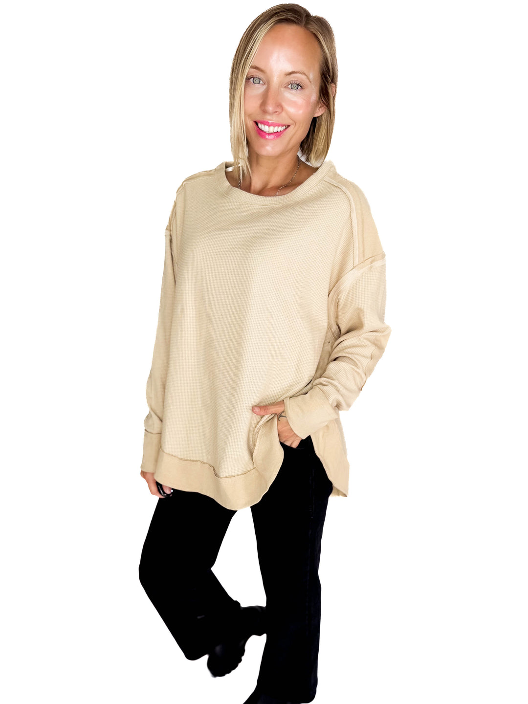 Jenna Long Sleeve Waffle Pullover- MOCHA