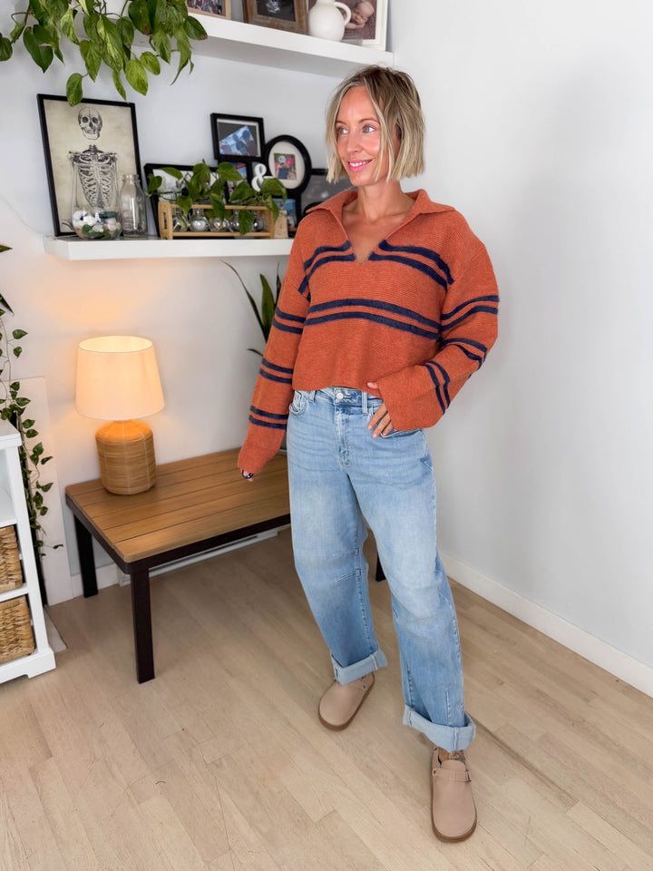 Culver Crop Collar Sweater- RUST/NAVY