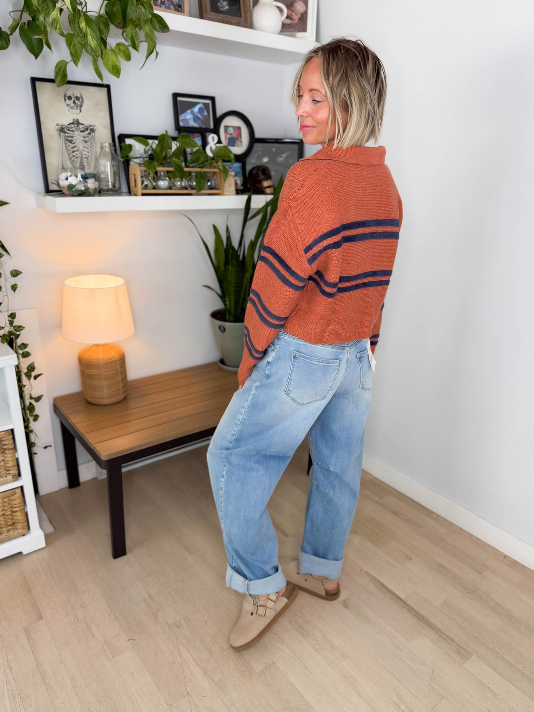 Culver Crop Collar Sweater- RUST/NAVY