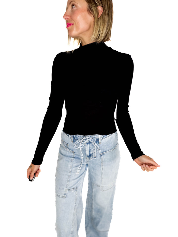 MONO B Linley Ribbed Mock Neck- BLACK