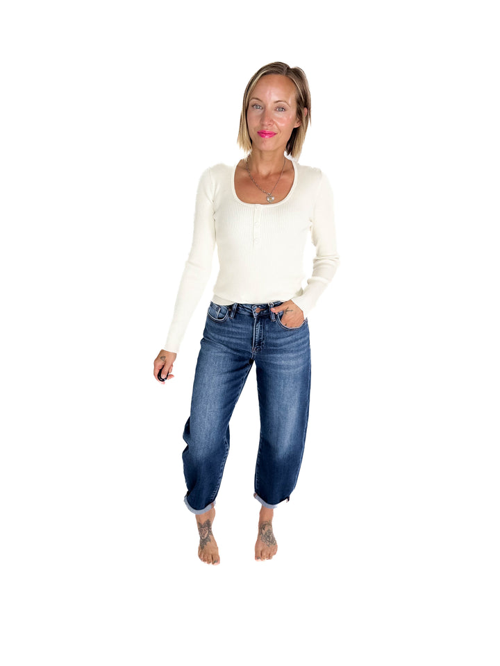 RISEN Amber High Rise Slim Barrel Jean- DARK