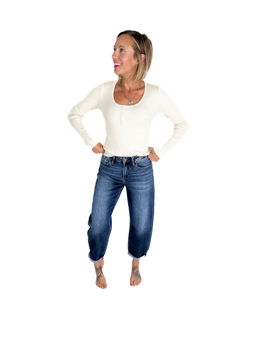 RISEN Amber High Rise Slim Barrel Jean- DARK